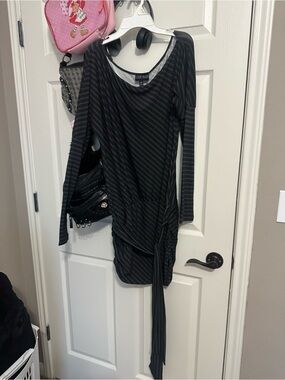 Current Mood Black and Charcoal Striped Long-Sleeve Tie Detail Dress